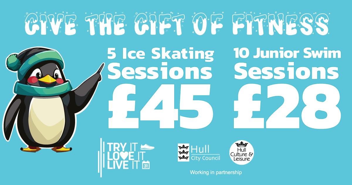 Gift Voucher, image of a cartoon penguin pointing at the offers. 5 skate sessions for £45, 10 Junior Swim Sessions for £28.