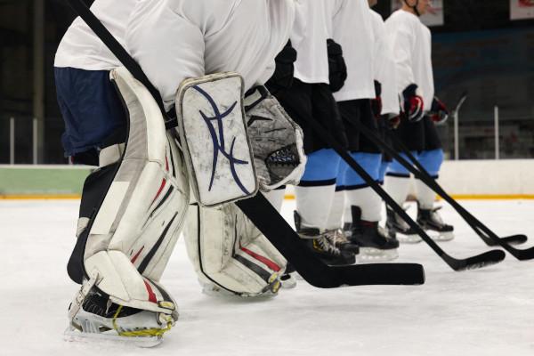 Ice hockey players stood in a line